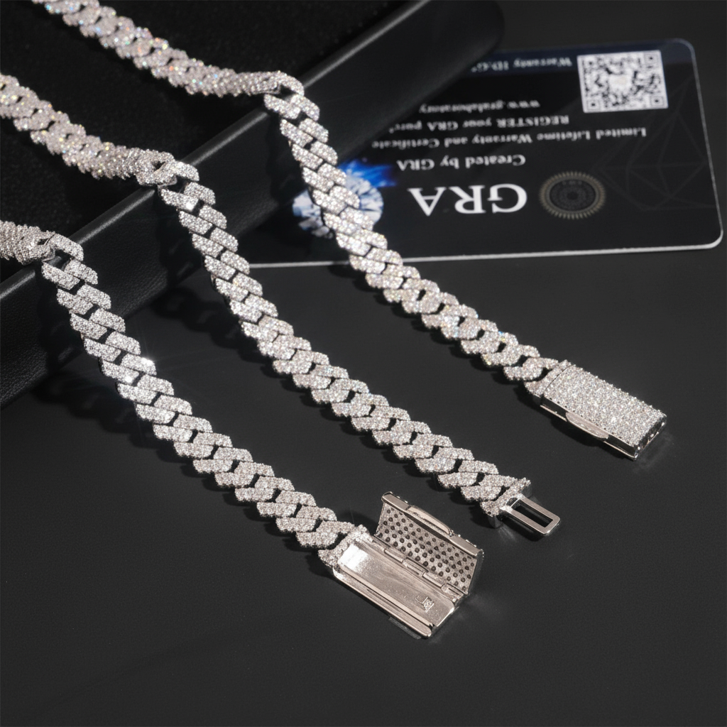 Pass Diamond Tester 925 Silver Moissanite Diamond Fine Jewelry Iced Out 8mm Hip Hop Moissanite Cuban Link Chain
